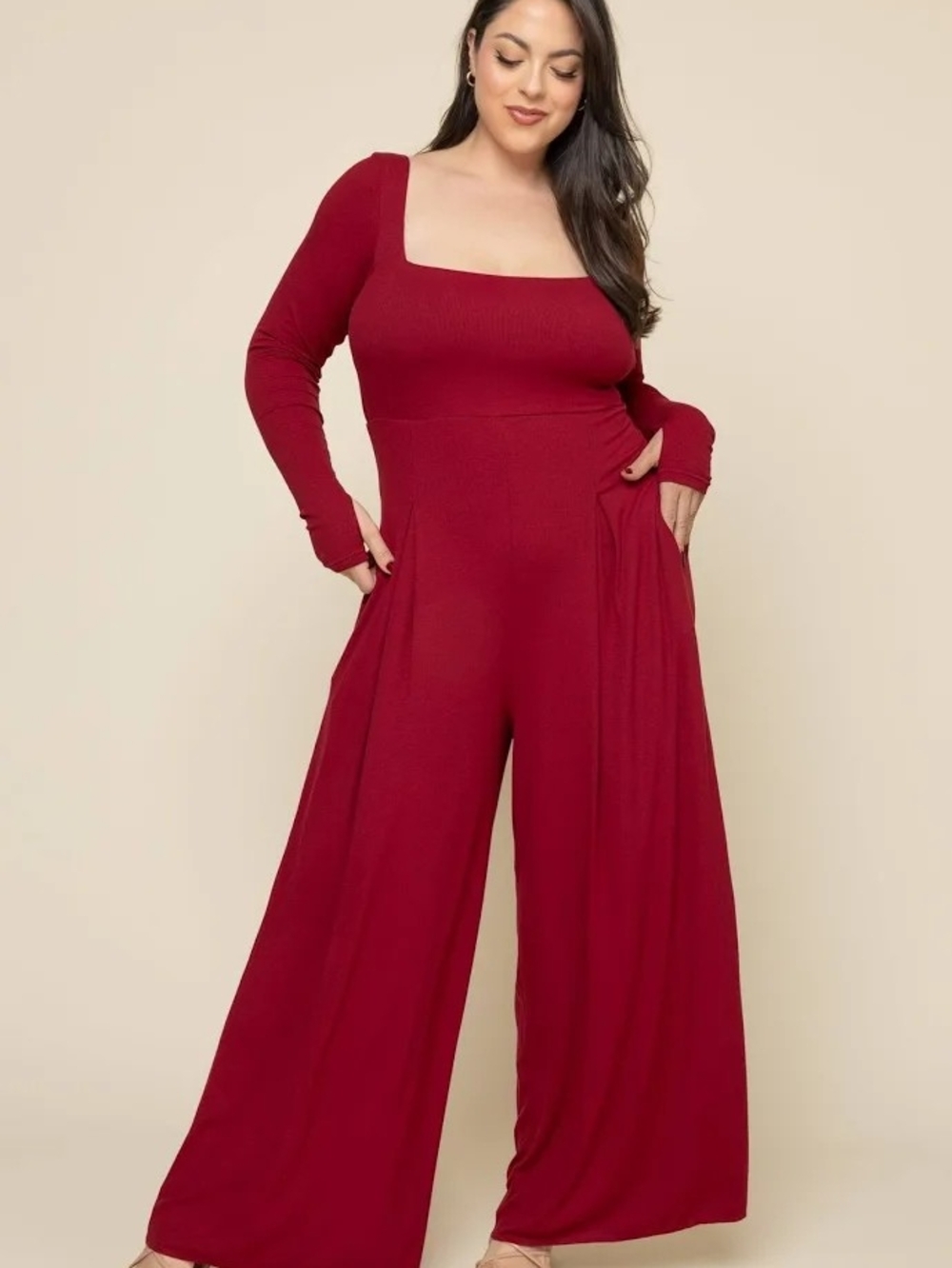 POPFLEX Long-Sleeve Wide-Leg Jumpsuit in Burgundy